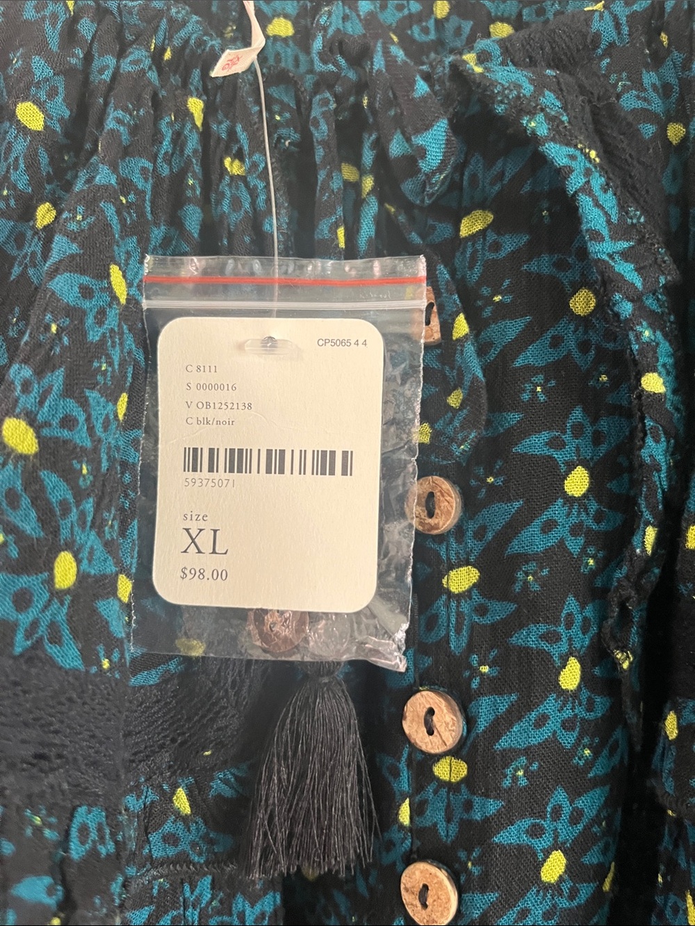 NWT Free People Black & Green Printed Button-Front Smocked Tunic - Picture 11 of 11